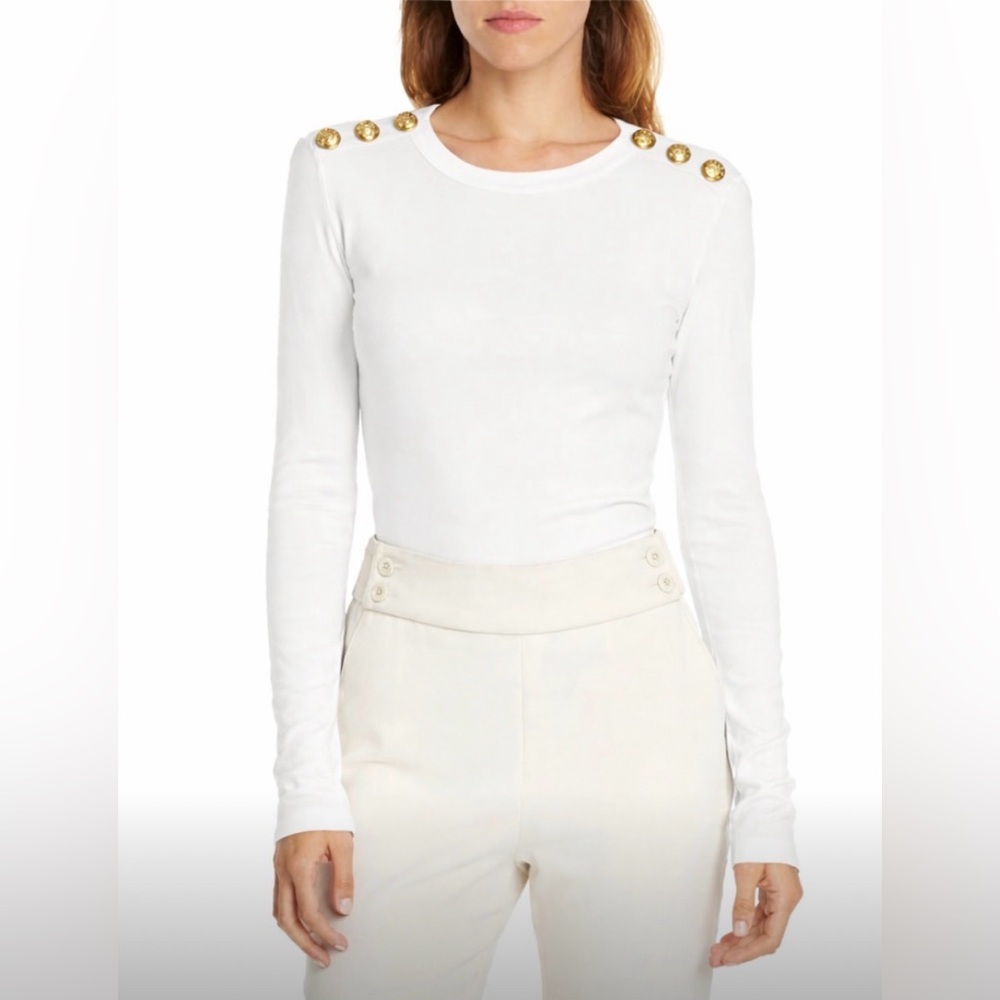 Veronica Beard white ribbed long-sleeve top with gold buttons